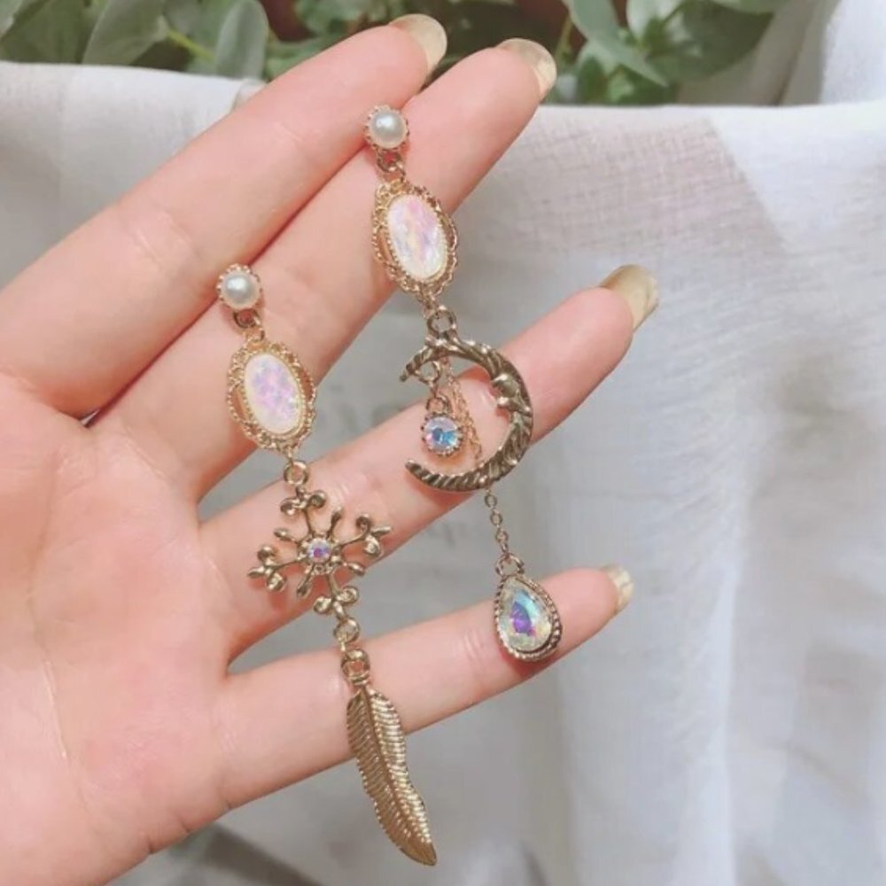 Boho Gold Crystal Moon‎ Faux Opal Long Asymmetric Drop Dangle Earrings